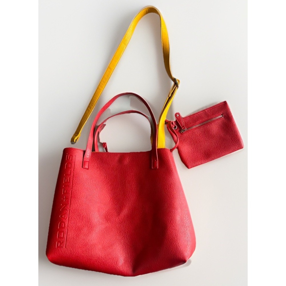 Rodan + Fields Women's Purse Tote Bag Red & Marigold Faux Leather Reversible